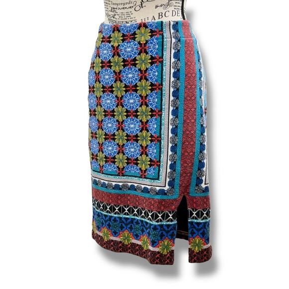 Anthropologie Maeve Size M Tearoom Blue Motif Pencil Skirt with Slit Boho - Picture 2 of 6